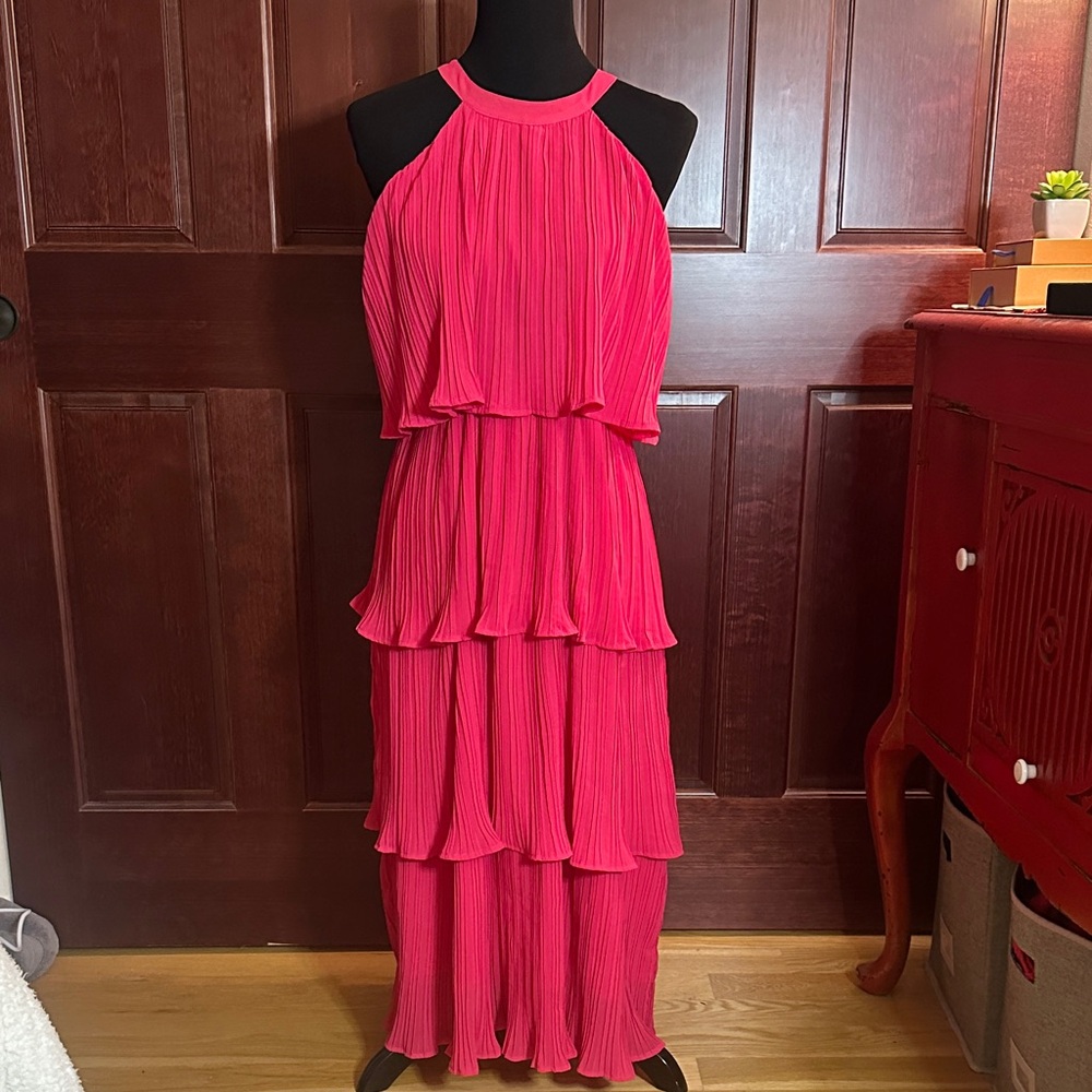 Beautiful Pink Halter Tiered Dress with Tie Neck